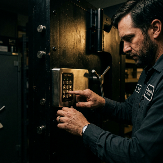 Technician programming a high-security safe lock