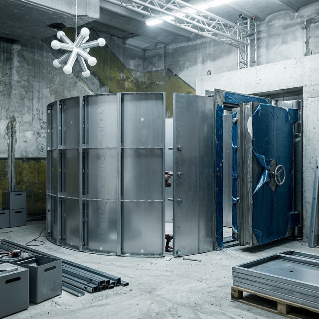 Modular vault panels being assembled inside a commercial building